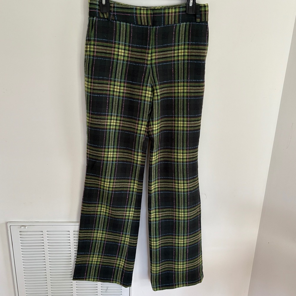 Sara Jane Plaid Wool Trousers Women Green Size 2 Wide Leg Vintage Style